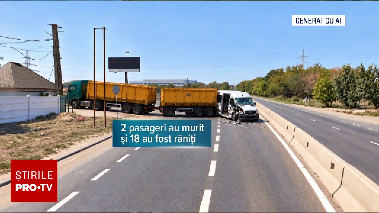 Accident violent în Buftea: un microbuz cu 26 de persoane a intrat în remorca unui camion