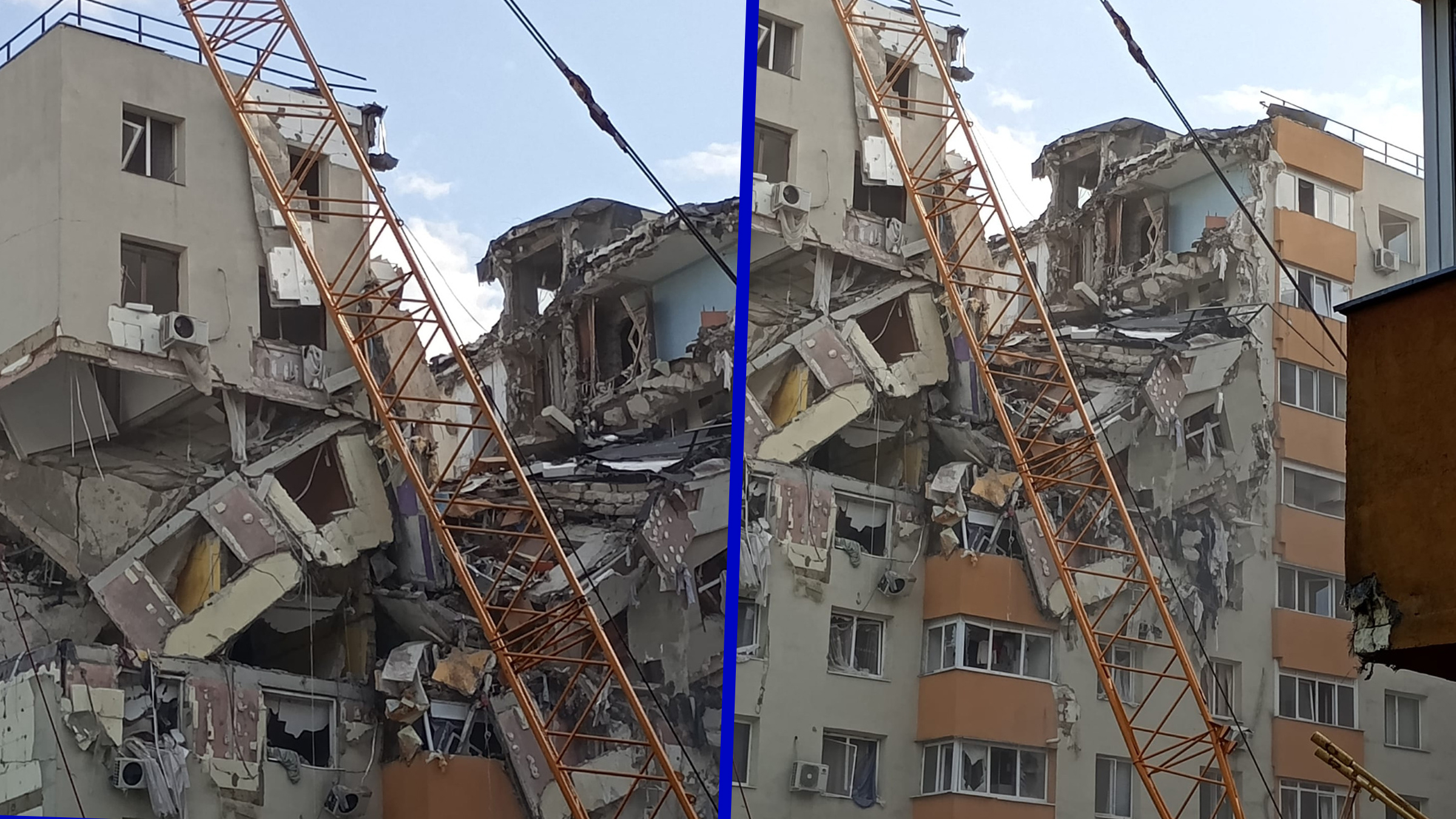 Incident grav pe șantierul de la blocul din Rahova: o macara s-a înclinat peste imobilul afectat de explozie