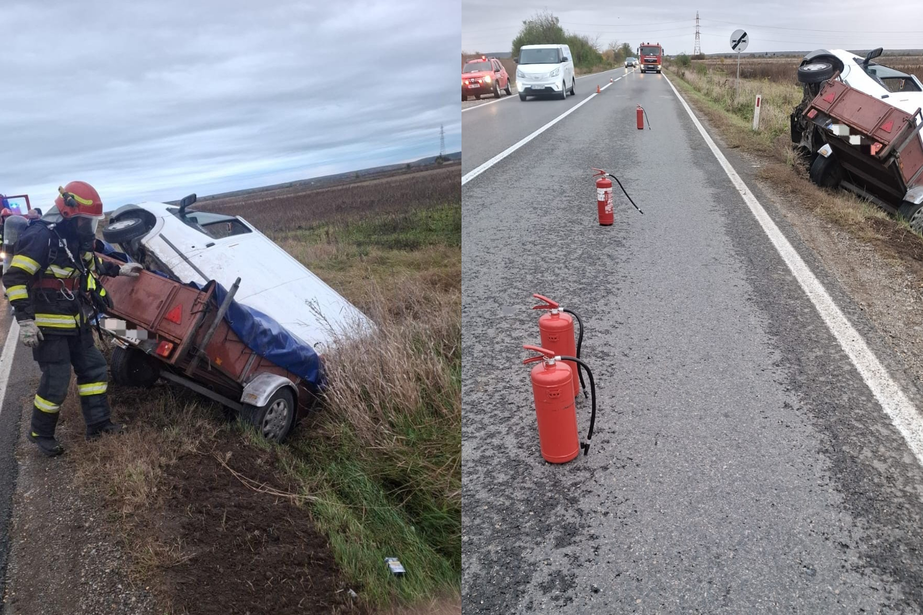 Accident cu substanțe chimice pe DN 72: o autoutilitară încărcată cu sodă caustică s-a răsturnat
