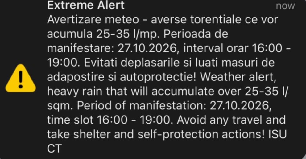 Cod roșu de ploi în Constanța: au fost emise mesaje RO-Alert pentru avertizare