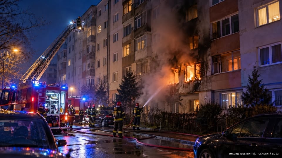 Incendiu violent într-un bloc din Mediaș: zeci de persoane au fost evacuate din imobil