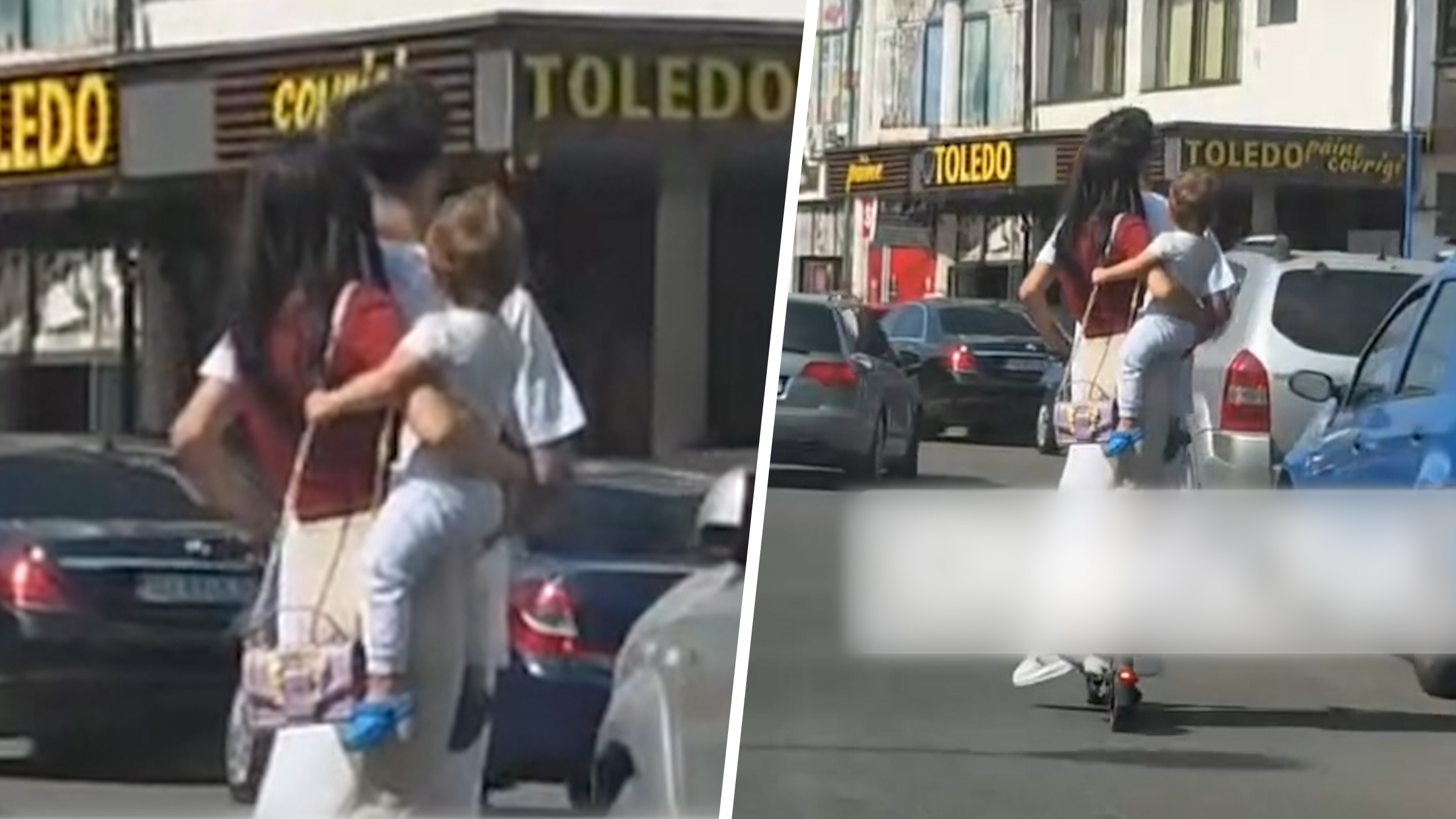 Scenă extrem de periculoasă în trafic: o femeie circulă pe trotinetă electrică cu un bebeluș în brațe