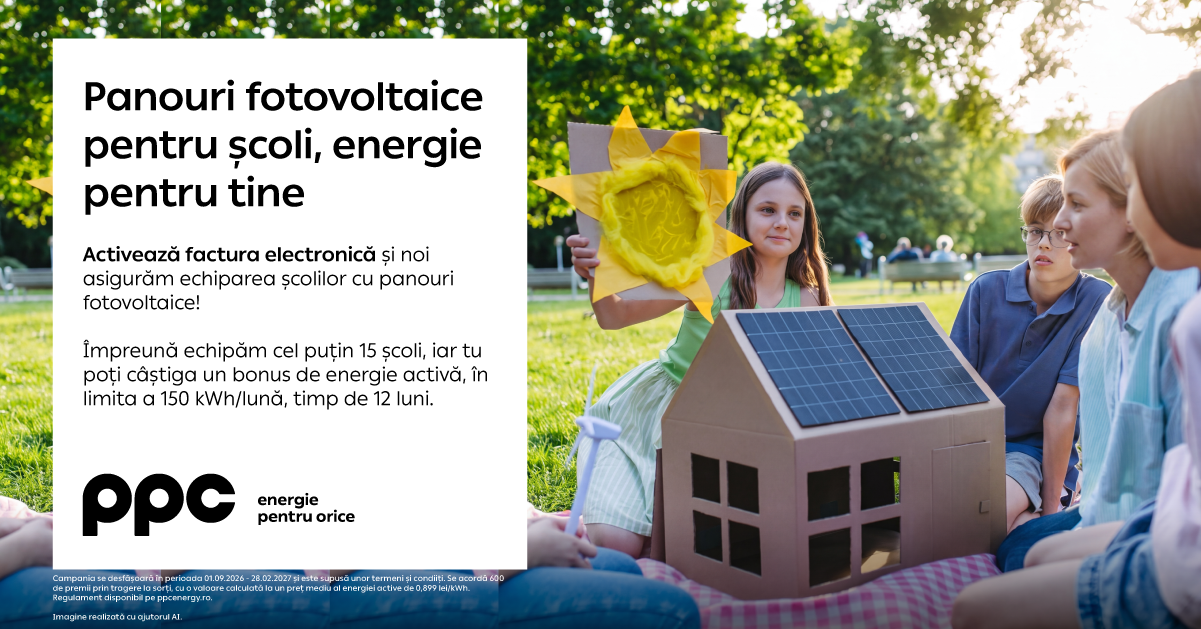 PPC Energie lansează campanie pentru dotarea școlilor cu panouri fotovoltaice prin factura electronică
