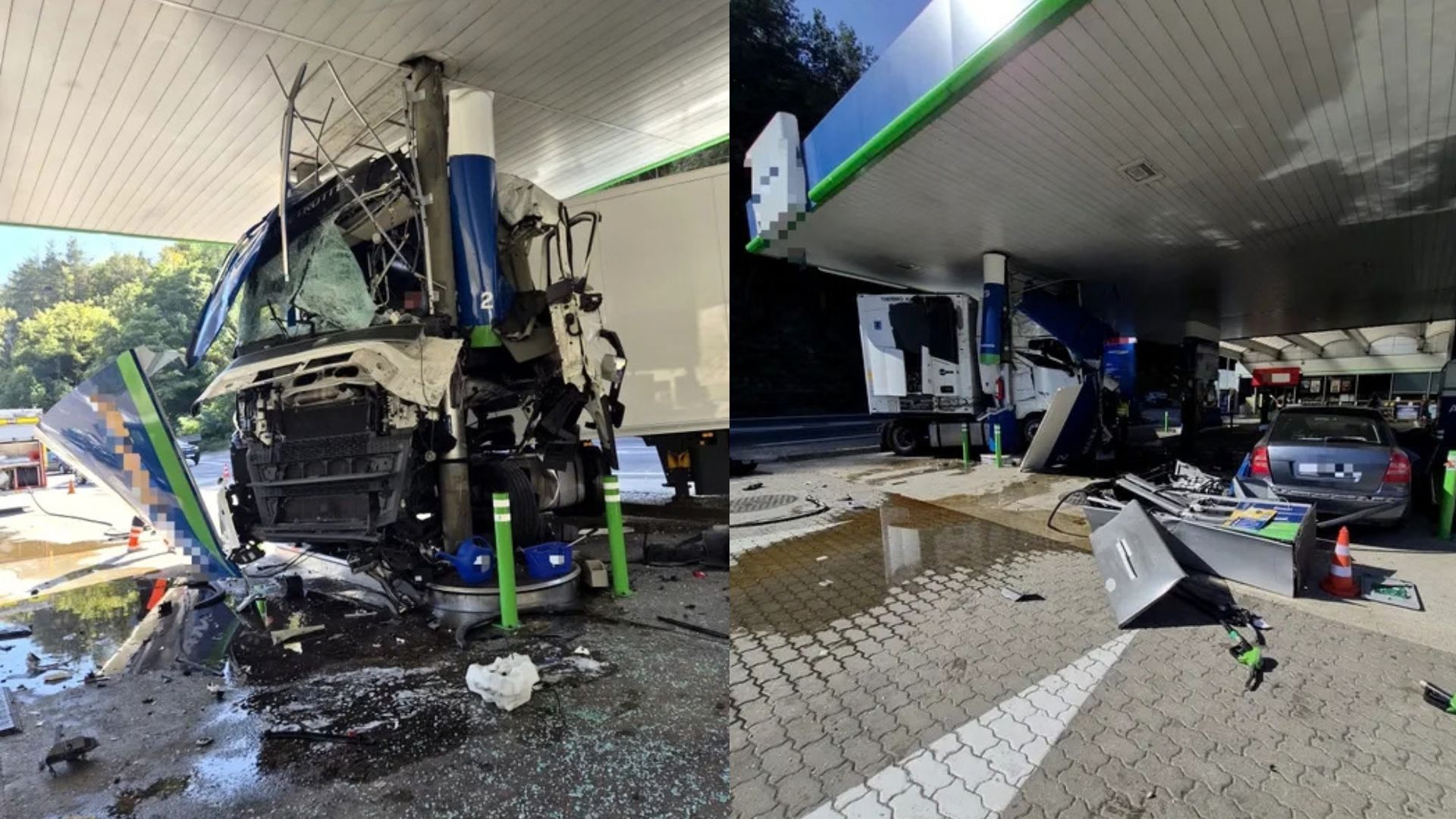 Accident grav la o benzinărie de pe Valea Oltului: șoferul TIR-ului a intrat pe contrasens sticlit
