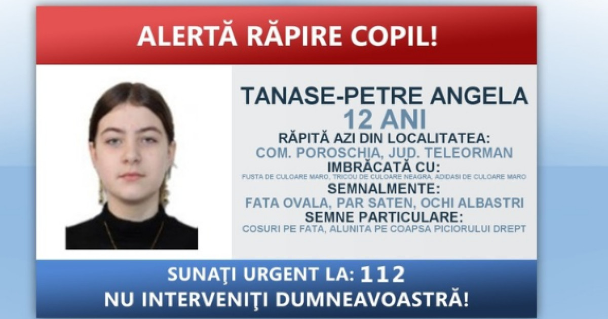 Alertă răpire copil în Teleorman: O fată de 12 ani a fost urcată cu forța într-un autoturism