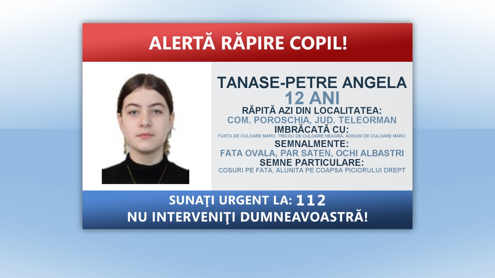 Fată de 12 ani răpită de pe stradă în Teleorman. S-a declanșat Alertă Răpire Copil