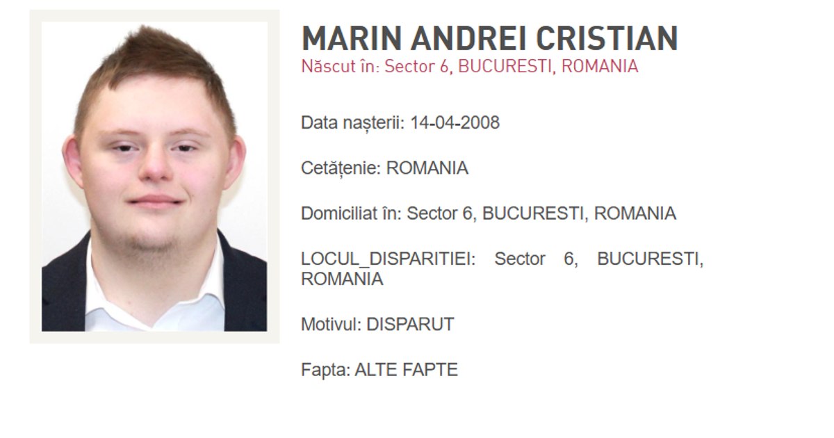 Autoritățile au emis alertă RO-ALERT pentru un tânăr de 18 ani dispărut în Sectorul 6